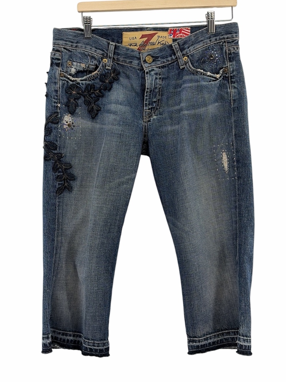 7 For All Mankind The Great China Wall Women’s Blue Distressed Cropped Jeans Y2K